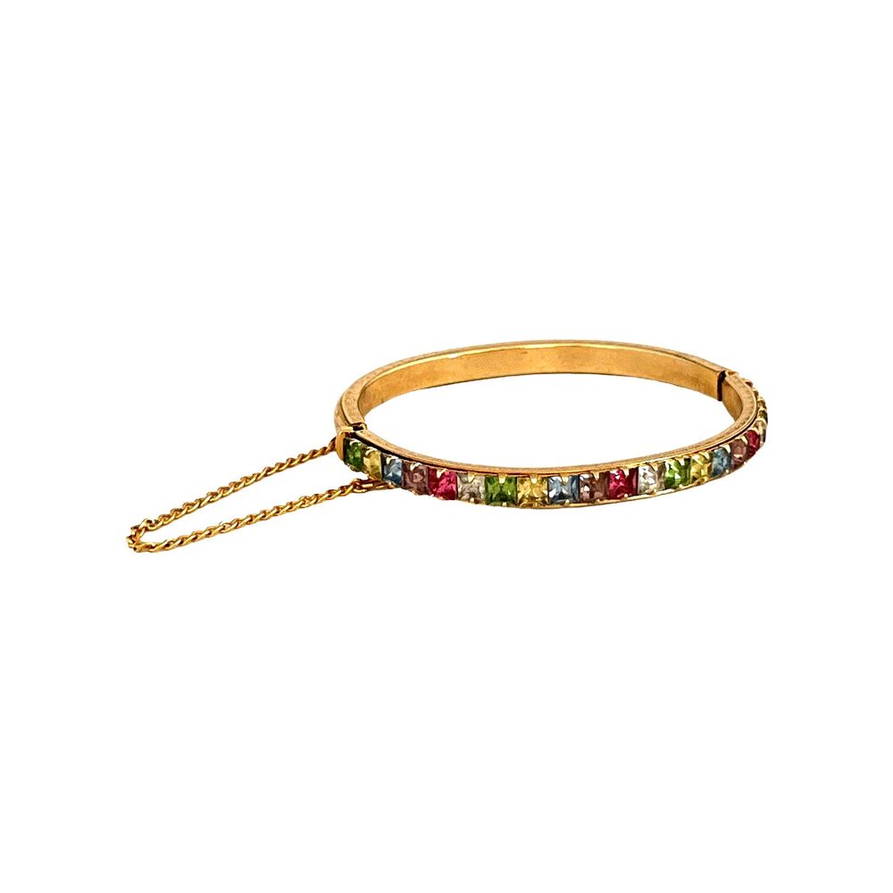 Vintage 1960s Hinged Clamper Bracelet Multicolor Rhinestone Gold Tone - 15C